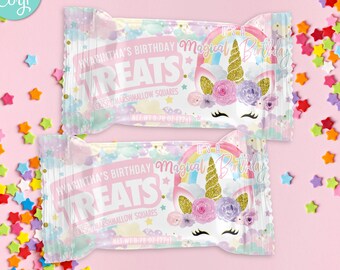 Editable DIGITAL Instant DOWNLOAD Magic Magical Unicorn Pastel Birthday Theme Rice Krispy Wrappers Labels Printable