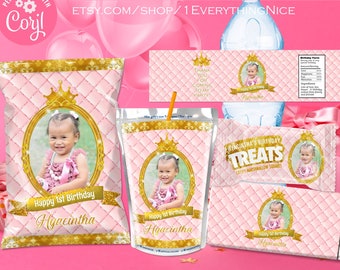 Princess Editable DIGITAL Instant DOWNLOAD Pink and Gold Royal Birthday Theme Wrapper Labels Printable