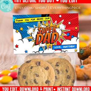 Instant Download Super Dad Happy Father&#39;s Day 5x3 Treat Bag Topper Editable Digital Printable