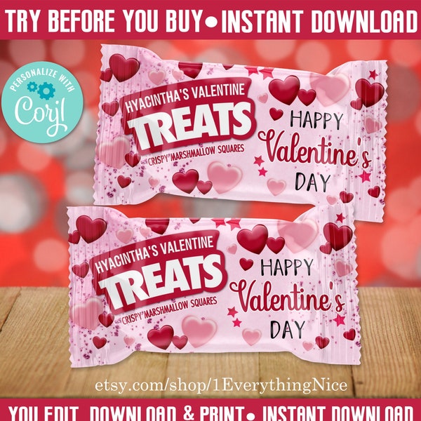 Editable DIGITAL DOWNLOAD Valentines Valentine Rice Krispies Wrappers Labels Digital Printable