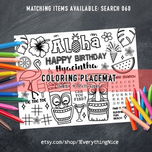 Summer Aloha Birthday Party Coloring Placemat Activity Sheet Page, Games Table Mat Luau Beach Tropical DIGITAL Printable 060