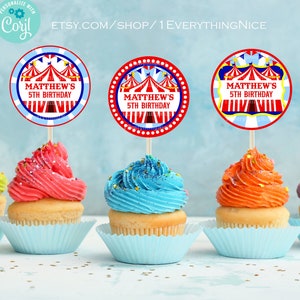 2" Cupcake Toppers Circus Carnival DIGITAL DOWNLOAD Birthday Party Red and Blue Theme Round  Circle Tags Labels Printable