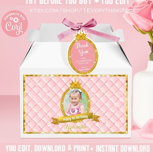 Princess Editable DIGITAL Instant DOWNLOAD Pink and Gold Royal Birthday Theme 5.75 X 3.25 Gift Favor Gable Box Labels Printable image 1