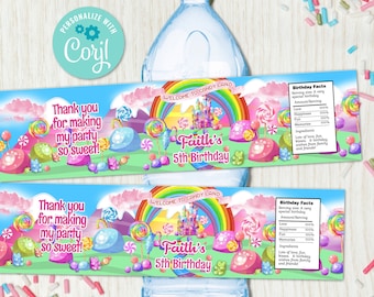 Editable DIGITAL DOWNLOAD Candy Land Candyland Birthday Party Water bottle Labels Drink Wrappers Printable