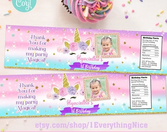 Unicorn Pastel Colors Birthday Theme Water Bottle Label Wrapper Printable Editable DIGITAL Instant DOWNLOAD Magic Magical