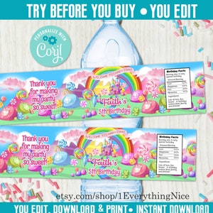 Editable DIGITAL DOWNLOAD Candy Land Candyland Birthday Party Water bottle Labels Drink Wrappers Printable