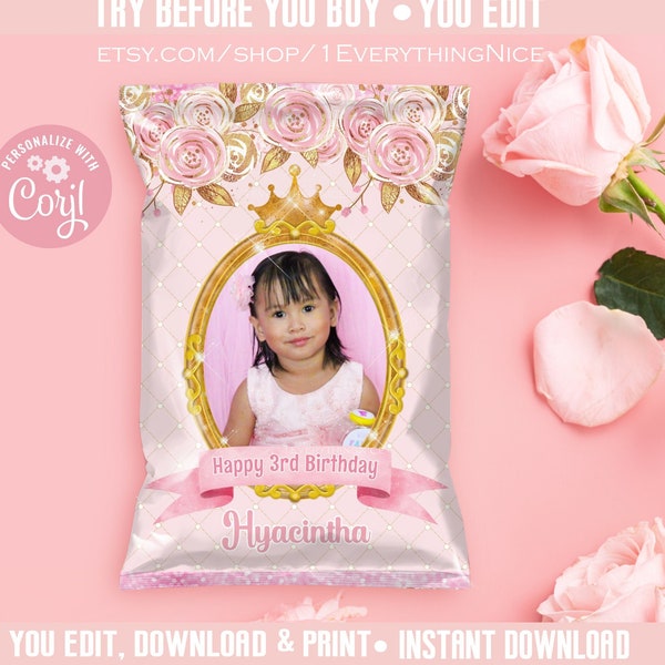 Princess Editable DIGITAL Instant DOWNLOAD Pink Flowers and Gold Royal Birthday Theme Chip Bag Wrapper Printable