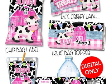 DIGITAL DOWNLOAD Pink Cow Farm Girl Theme Birthday Printables Labels Personalized DIY Printable Bundle Set