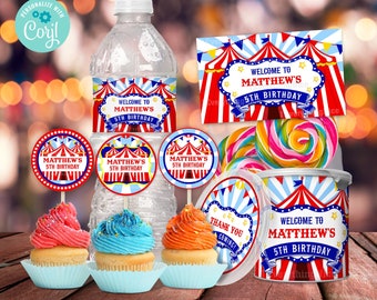 Circus Carnival Red and Blue Theme Instant Download Birthday Party Printable Labels & Wrappers Digital Editable Bundle Set