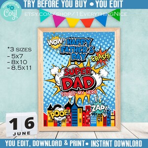 Super Dad Happy Father&#39;s Day Poster Signs Editable Instant Digital DOWNLOAD Printable