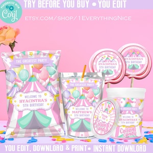 Circus Carnival Pink Pastel Girl Colors Theme Birthday Party Digital Printable Labels Bundle Set 3