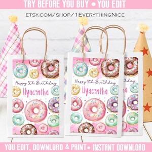 Editable Instant DOWNLOAD Donut Donuts Birthday 5x8 Favor Gift Paper Bag Label DIGITAL Printable 025