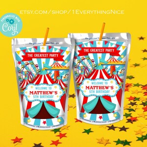 Carnival Circus Editable Juice Label Digital DOWNLOAD Template Birthday Printable