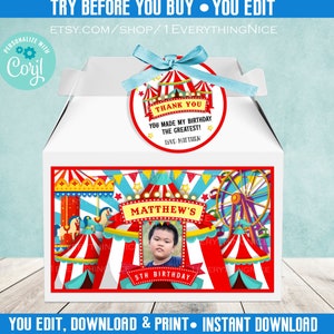 Carnival Circus Editable Instant DIGITAL DOWNLOAD Theme Gift Gable Box Label Printable