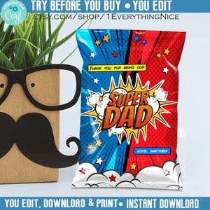 Happy Father&#39;s Day Instant Download Super Dad Chip Bag Wrapper Editable Digital Printable