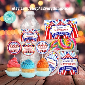 Circus Carnival Red and Blue Theme Instant Download Birthday Party Printable Labels & Wrappers Digital Editable Bundle Set