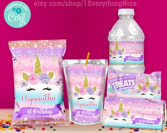 Magical Unicorn Theme Birthday Party Favors Wrappers and Labels Bundle Set 1 | Instant Editable Template Digital Printable DOWNLOAD