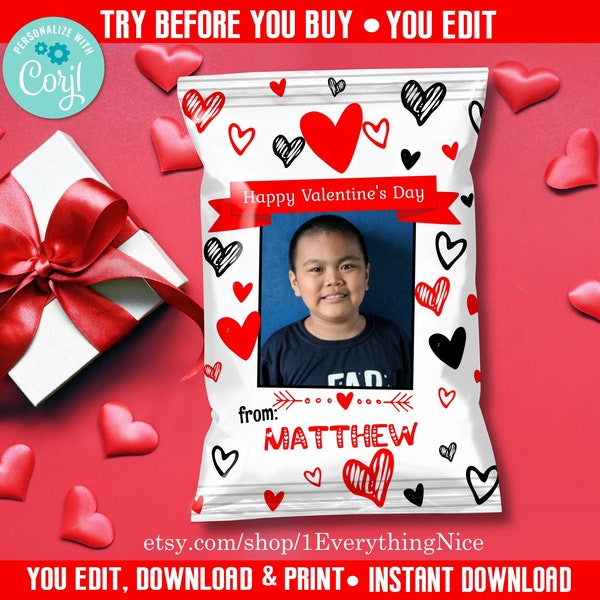 Editable DIGITAL DOWNLOAD Valentines Valentine Day Red White and Black Chip Bag Favor Bag Wrapper Printable
