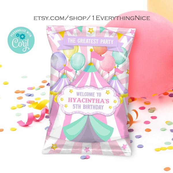 Instant Download Carnival Circus Pink Pastel Girl Editable Chip Bag Wrapper Digital Birthday Printable