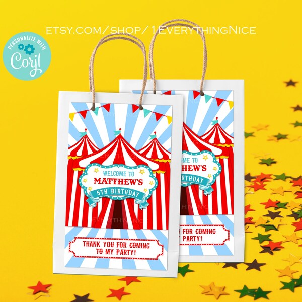 Carnival Circus Red Theme 5x8 Gift paper Bag Label Instant Digital Download Editable Birthday Printable
