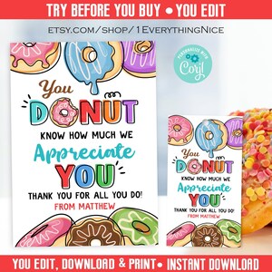 Donut sabe o quanto nós apreciamos você | Valorização dos funcionários dos professores | Cartão 5x7 e etiqueta para presente DOWNLOAD digital instantâneo para impressão