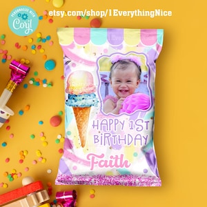 Ice Cream Pastel Theme Birthday Party Favors Chip Bag Wrapper Label | Instant Editable Template Digital Printable DOWNLOAD 035