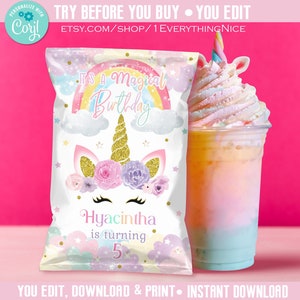 Editable DIGITAL Instant DOWNLOAD Magic Magical Unicorn Pastel Birthday Theme Chip Bag Potato Chips Wrapper Printable