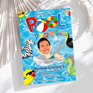 Convite para festa na piscina, aniversário de verão, Bash Boy, com foto e etiqueta de agradecimento, download DIGITAL para impressão 065