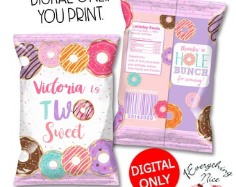 DIGITAL DOWNLOAD Donut Donuts Two Sweet Birthday Chip Bag Labels Digital Printable