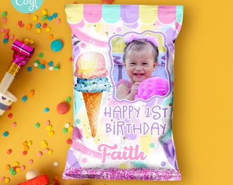 Ice Cream Pastel Theme Birthday Party Favors Chip Bag Wrapper Label | Instant Editable Template Digital Printable DOWNLOAD