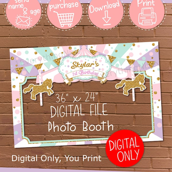 DIGITAL DOWNLOAD Carousel Theme Pastel Colors 36" x 24"  Birthday Photo Booth Frame Digital Download