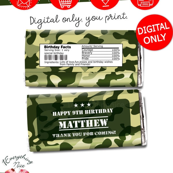 DESCARGA DIGITAL Camuflaje Soldado del Ejército Tema Envoltorios de barras de caramelo Etiquetas Imprimibles Descarga digital