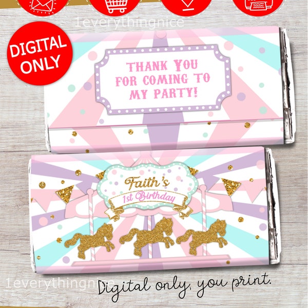 DIGITAL DOWNLOAD Carousel Birthday Candy Chocolate Hershey Bar Wrappers Labels Digital Printable