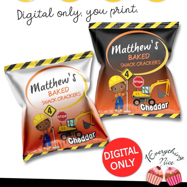 DIGITAL DOWNLOAD Construction African American Boy Birthday Party Theme Goldfish Crackers Gold Fish Chip Bag Labels Wrappers