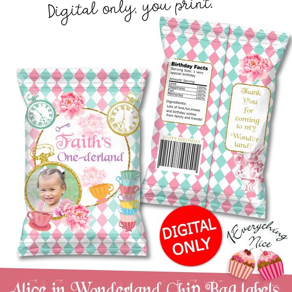 DIGITAL DOWNLOAD Tea Time Tea Party One-derland Onederland Wonderland Chip Bag Labels Printable Digital Download