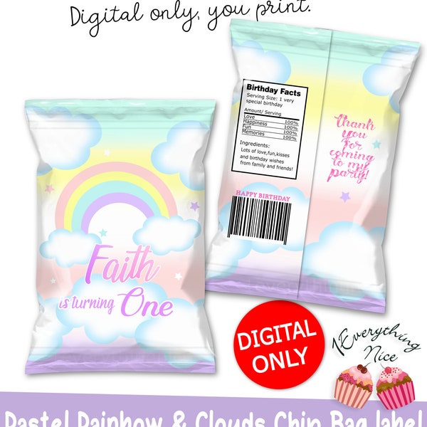 TÉLÉCHARGEMENT NUMÉRIQUE Pastel Rainbow and Clouds Thème Chip Bag Étiquettes Imprimable Téléchargement numérique
