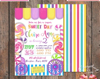 Candy Theme Birthday Invitation with Backside Printable Digital Download