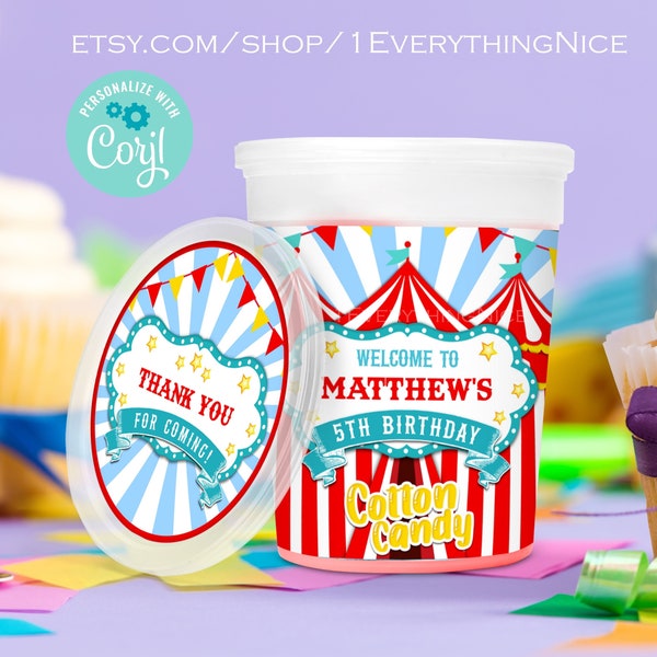 Carnival Circus Red Theme 2oz Cotton Candy Tub Label Instant Digital Download Editable Birthday Printable