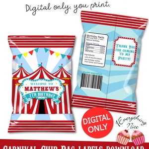 DIGITAL DOWNLOAD Carnival Birthday Chip Bag Labels Digital | Etsy