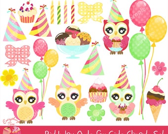 Birthday Owls for Girls Clipart Set