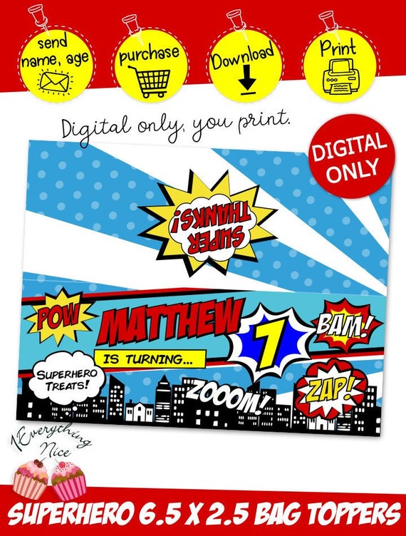 DIGITAL DOWNLOAD Hero Theme 6.5 x 2.5 Treat Bag Toppers Digital Printable Il_570xn