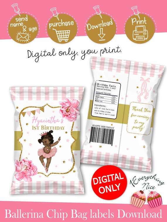 DIGITAL DOWNLOAD Ballerina Theme Pink and Gold 2 Chip Bag Labels Printable Digital Download Il_570xn