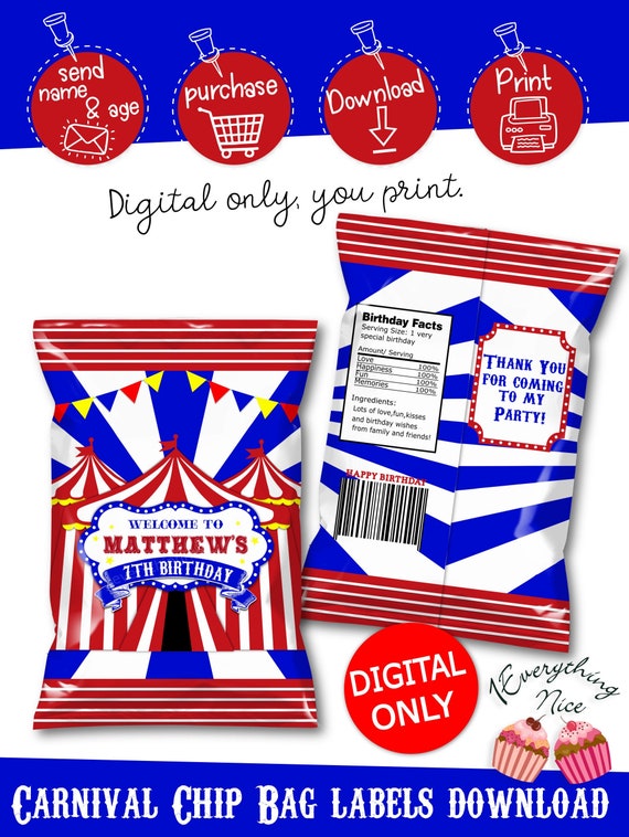 DIGITAL DOWNLOAD Carnival Birthday Chip Bag Labels Digital Printable Il_570xn