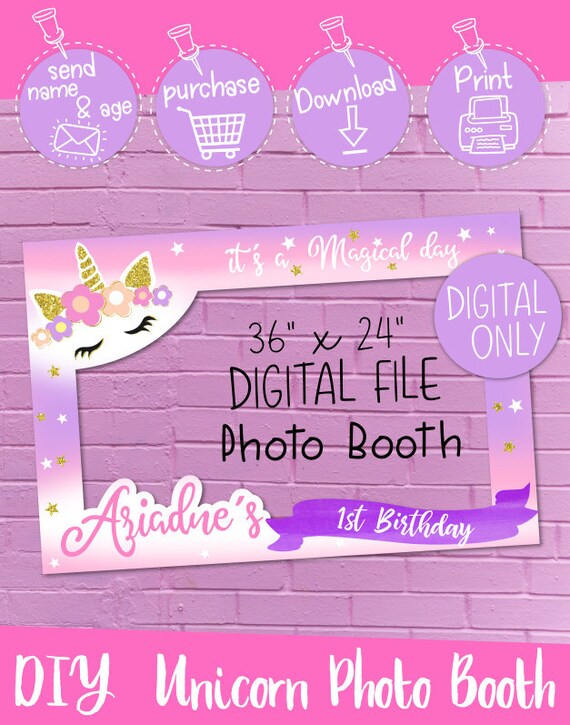 Digital Unicorn Pink And Purple 24 X 36 Birthday Photo Booth Frame