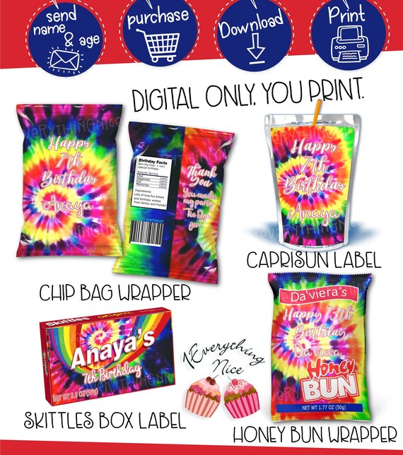 Tie Dye Theme Birthday Digital Printables Labels Personalized Bundle Tie Dye Theme Birthday Digital Printables Labels Personalized Bundle