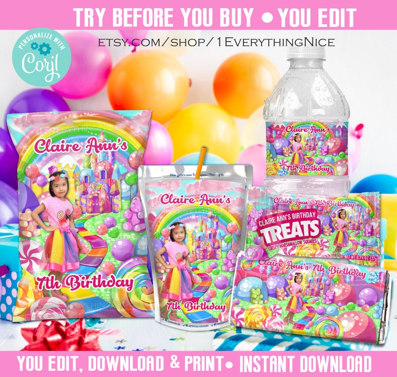 Editable DIGITAL DOWNLOAD Candy Land Candyland Birthday Party Baby Shower Printable Wrappers Labels Instant Download Set Bundle Deal 014 image 2