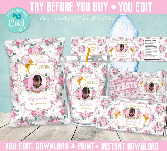 Editable DIGITAL Instant DOWNLOAD Pink Magical Fairy Fairies Birthday Theme Set Bundle Printable Il_570xn