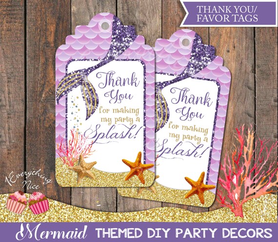 Mermaid Theme Purple Lilac Favor Thank You Birthday Tags Il_570xn
