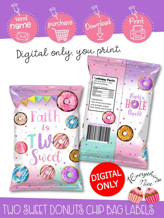 DIGITAL DOWNLOAD Two Sweet Donuts Birthday Chip Bag Labels Digital Printable Il_570xn