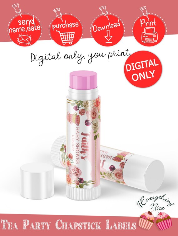 DIGITAL DOWNLOAD Tea Time Tea Party Baby Shower Chapstick Lip Balm Lip Gloss Labels Printable Digital Download Il_570xn